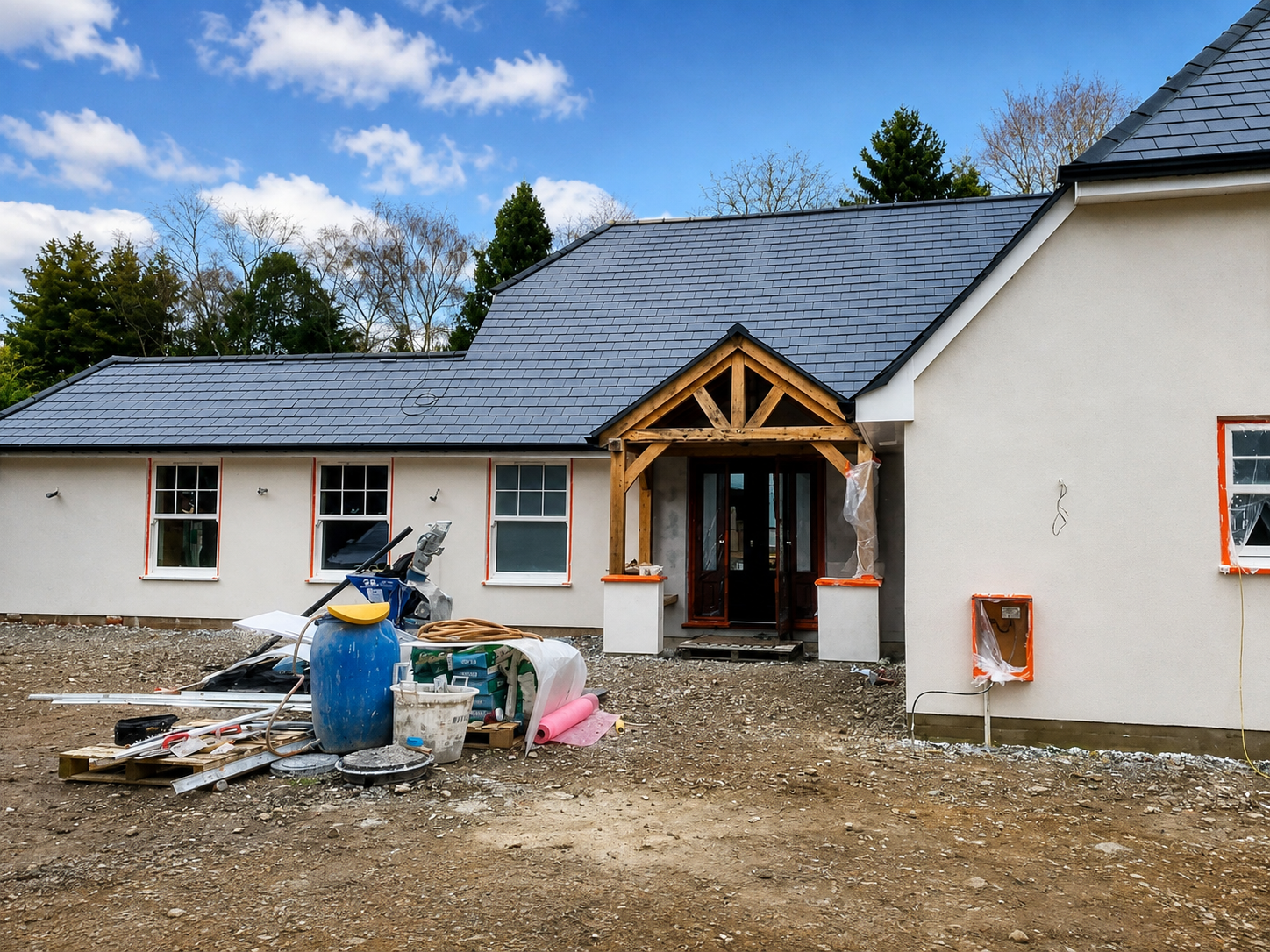 Side elevation of a newly built bungalow